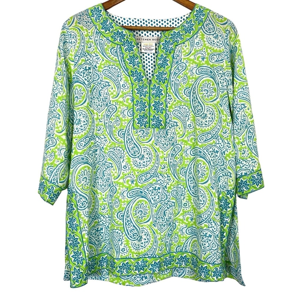 Gretchen Scott Size Medium Tunic Top Blouse 3/4 Sleeve Preppy Coastal Lagenlook